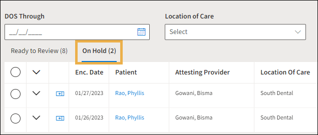 Ready to Review Worklist with yellow highlight box around the On Hold tab showing two items on hold.